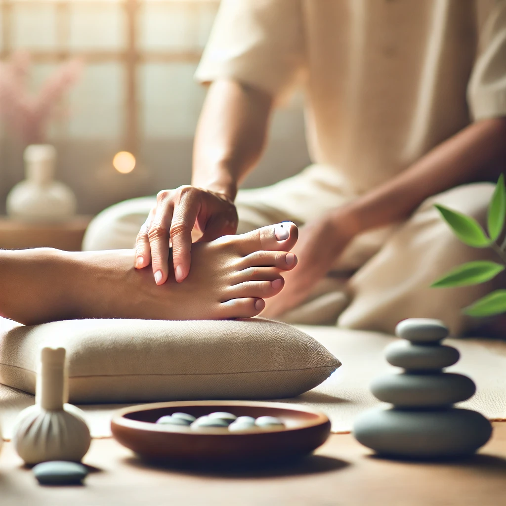 DALL·E 2024-10-08 01.20.37 - A serene and fresh foot reflexology scene showing a gentle massage being performed on a relaxed foot. The environment is calm and zen-like with soft